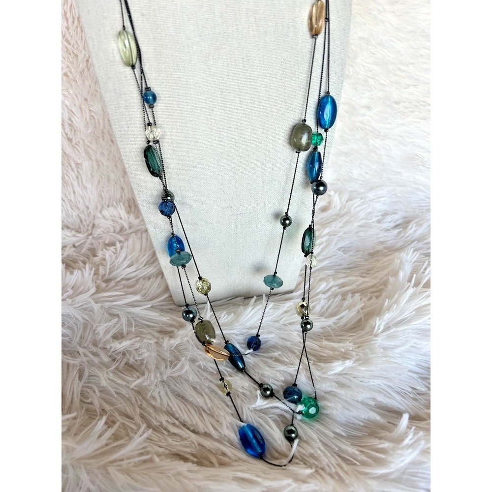 Lia Sophia Necklace Multi Strand Beaded Blue Green Glass Gunmetal 28" Boho Artsy